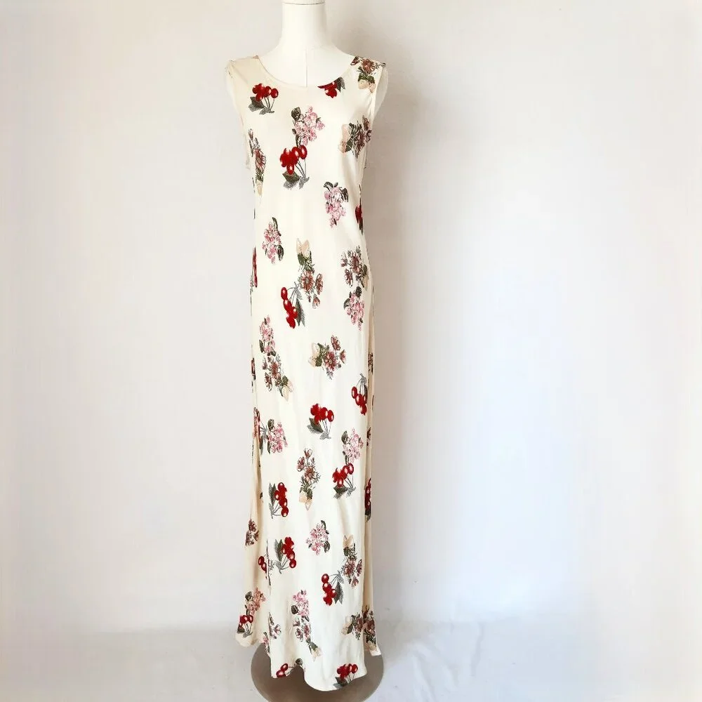 Vintage Y2K NC Love USA Made Rayon Chiffon Sherry Floral Maxi Dress Sleeveless - Picture 1 of 10